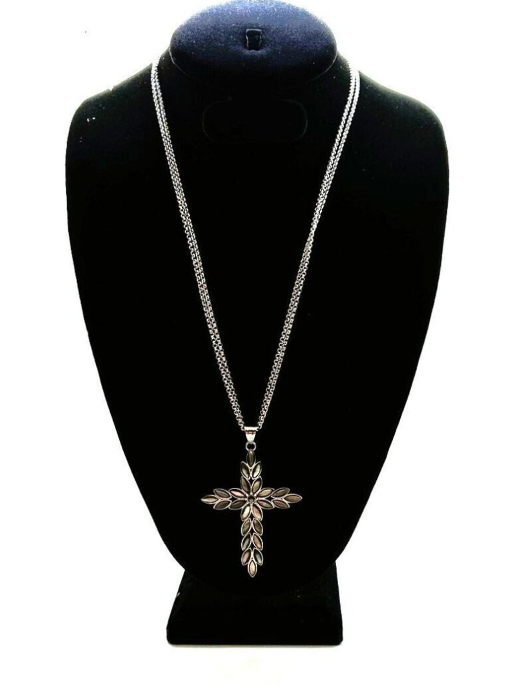 Stainless Steel Cross Necklace Chain Mother of Pearl Floral Pendant Leaf Marquis - Picture 3 of 10